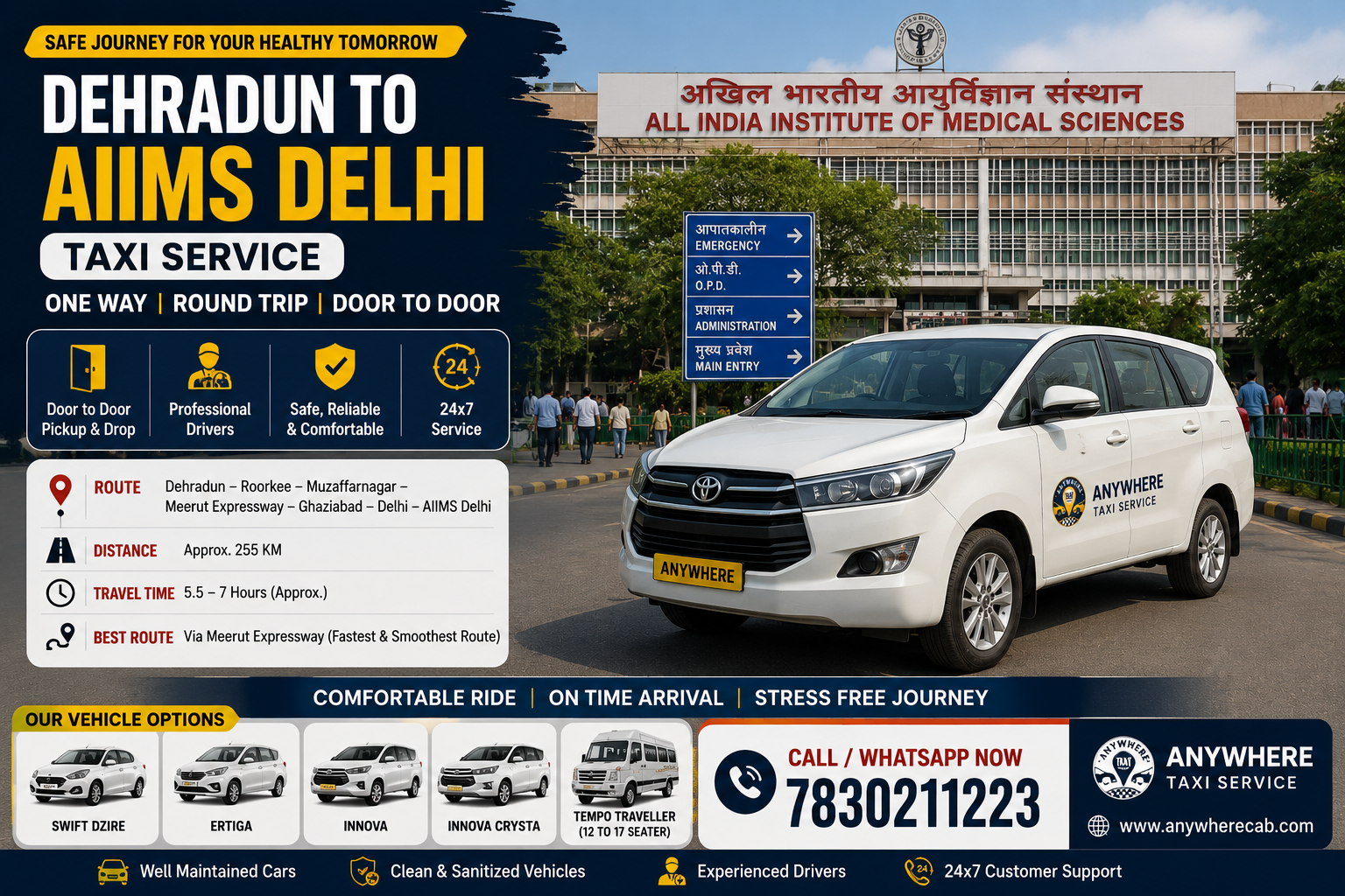 Dehradun to AIIMS Delhi Taxi Service | One Way Cab Booking