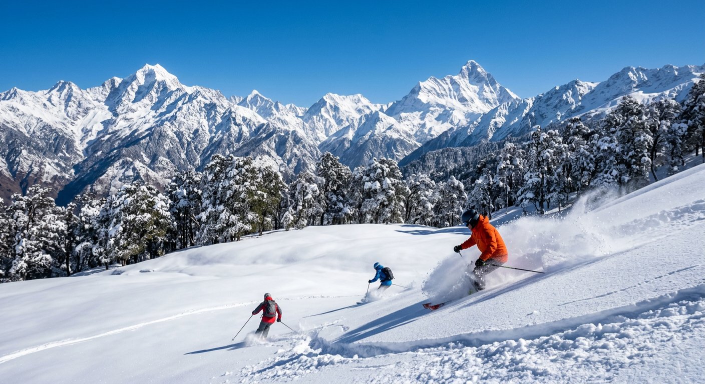 Crysta on the Auli snow road at sunrise, ropeway overhead