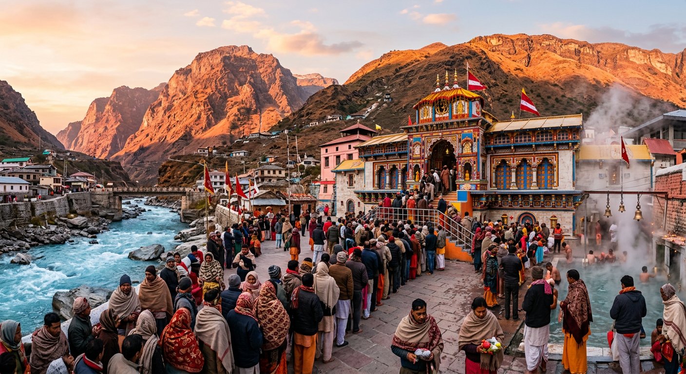 Badrinath temple in closing-week golden light