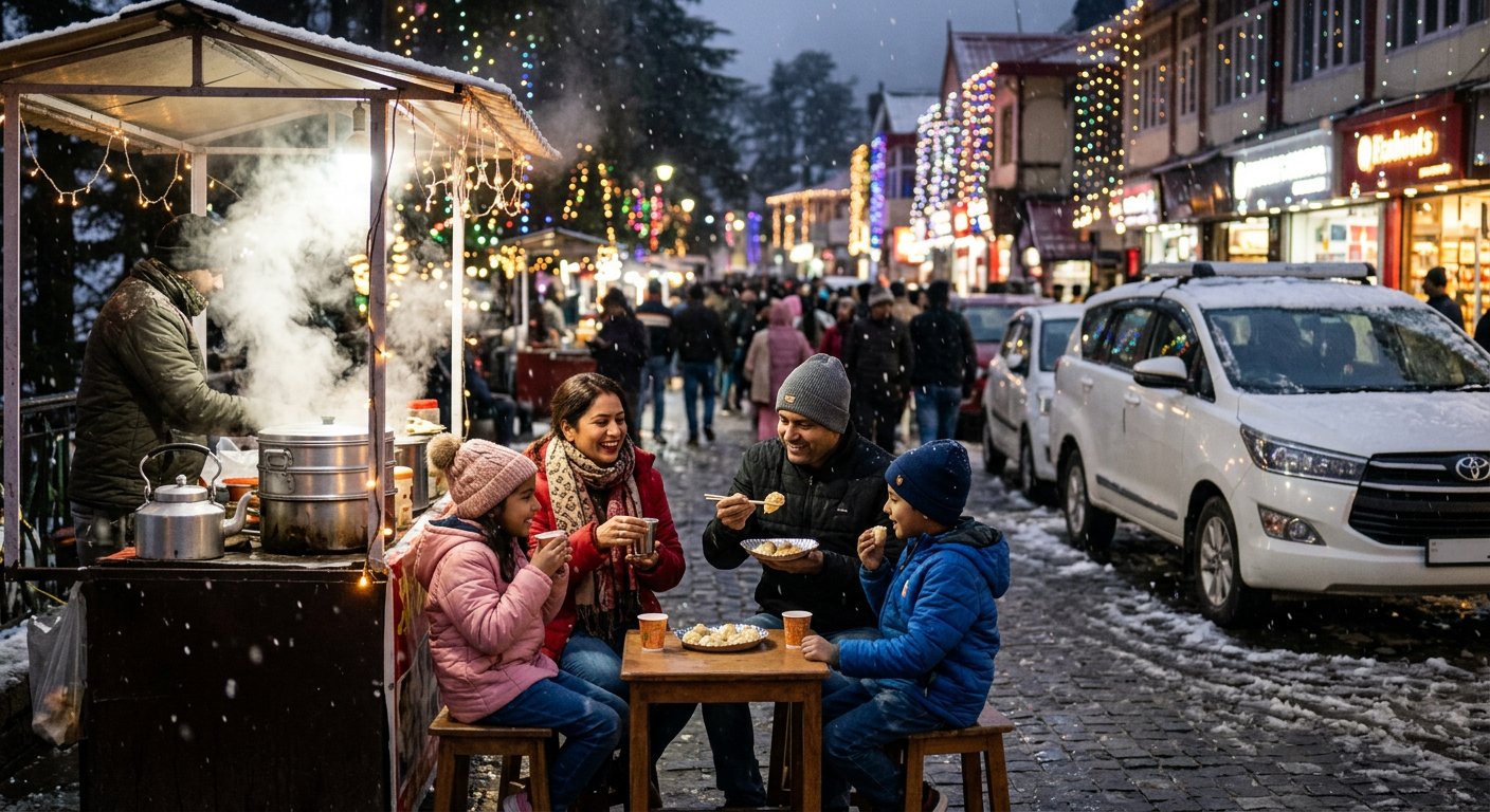 Mall Road chai on a Christmas-week snow evening