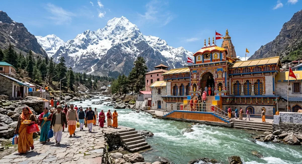 Badrinath temple on the bank of Alaknanda river with Nilkantha peak